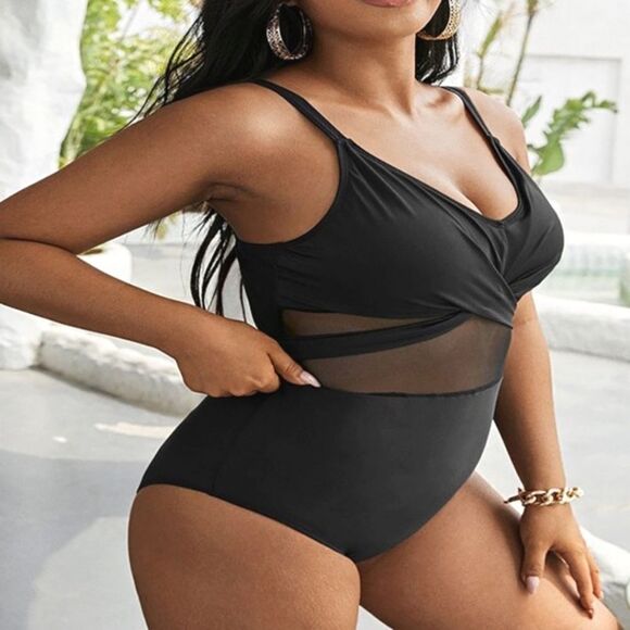 Plus Size Contrast Mesh Criss Cross One Piece sz 2X - Picture 4 of 5